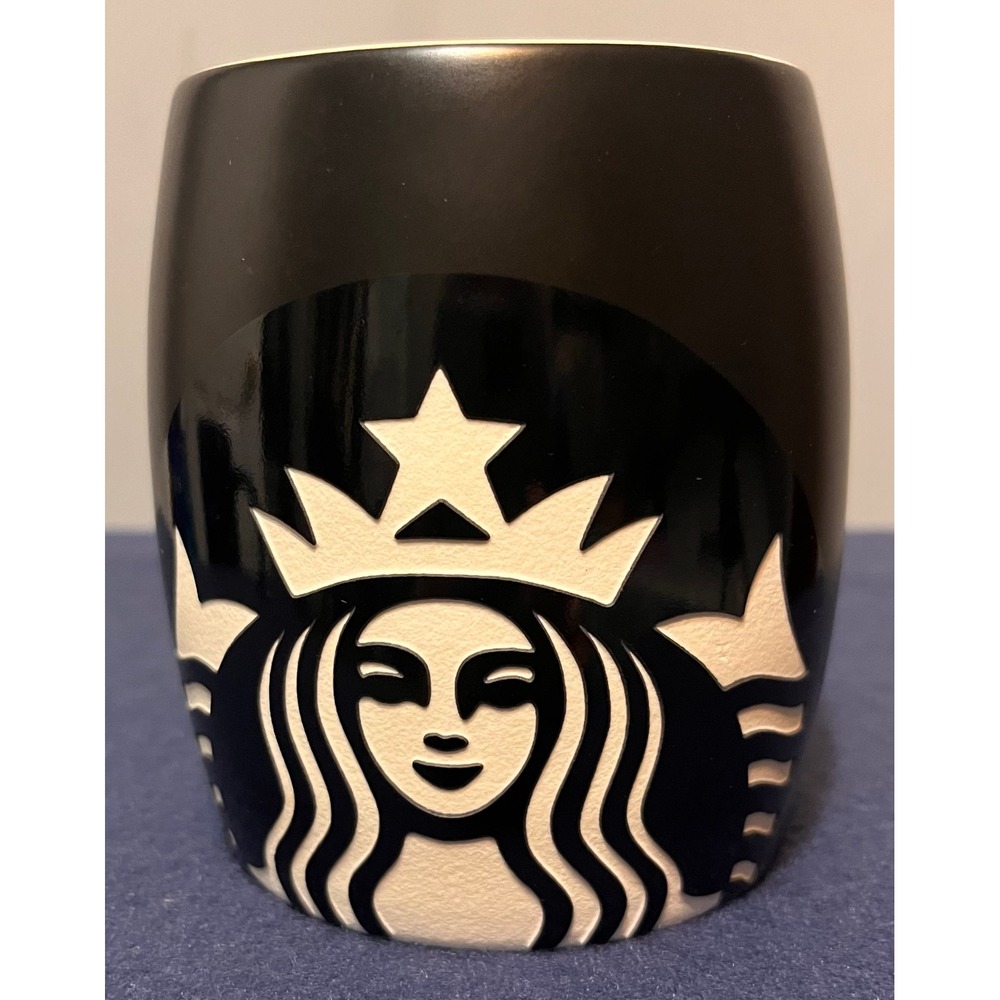 Starbucks 2011 Matte Black Siren Logo Ceramic Coffee Mug 12oz Barrel Shape